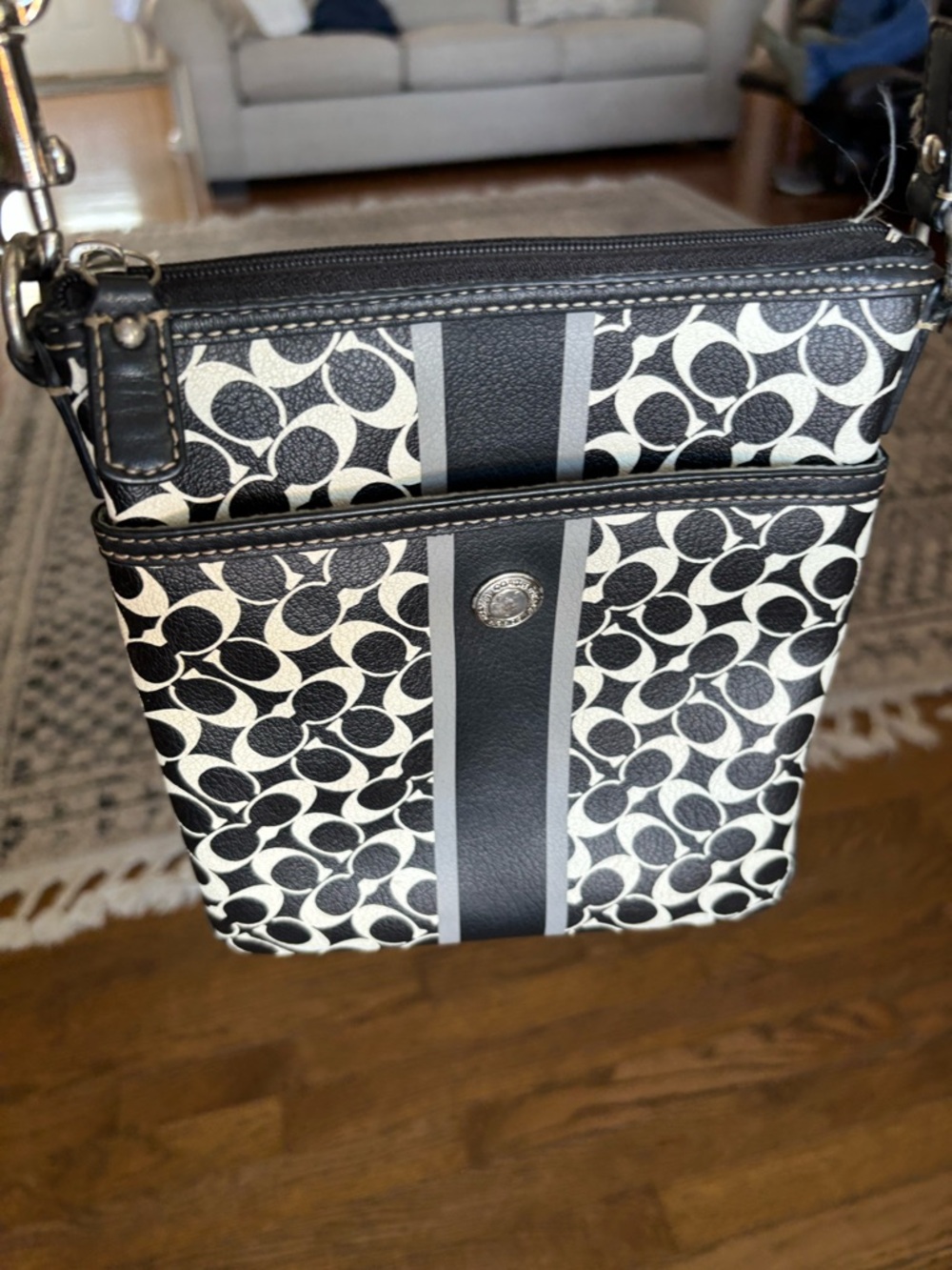 Coach Black and White Signature Crossbody with Center Stripe